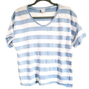 Chico's 2‎ Blue White Stripe Linen Blnd Crop Top Short Sleeve Size Large Sparkle